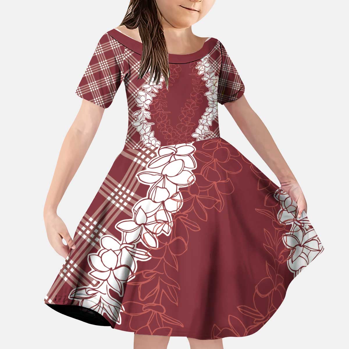Hawaii Aloha Plumeria Lei Scarlet Palaka Kid Short Sleeve Dress - Polynesian Pride