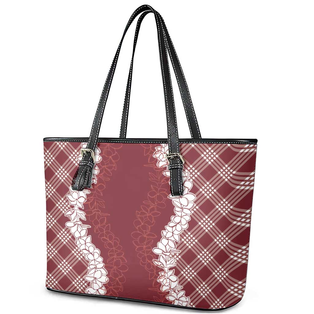 Hawaii Aloha Plumeria Lei Scarlet Palaka Leather Tote Bag - Polynesian Pride