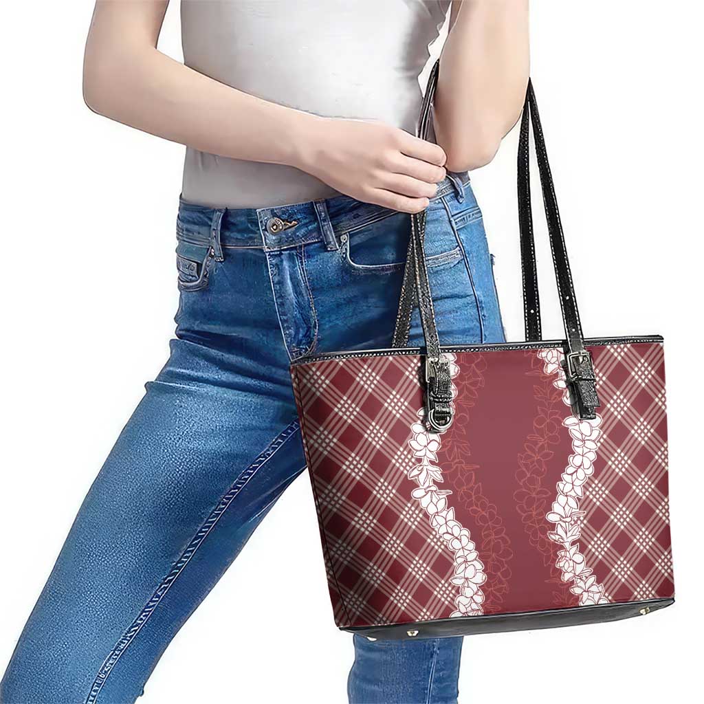 Hawaii Aloha Plumeria Lei Scarlet Palaka Leather Tote Bag - Polynesian Pride