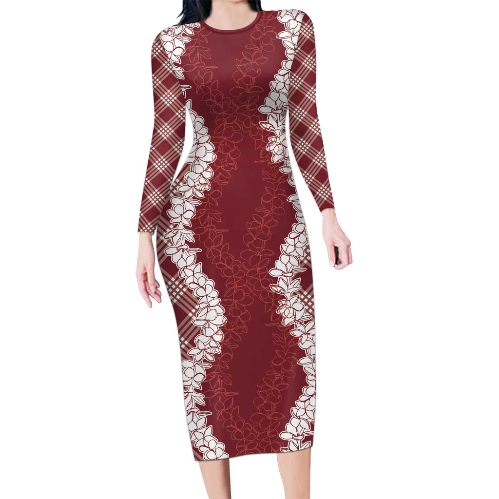 Hawaii Aloha Plumeria Lei Scarlet Palaka Long Sleeve Bodycon Dress LT7 Long Dress Scarlet - Polynesian Pride