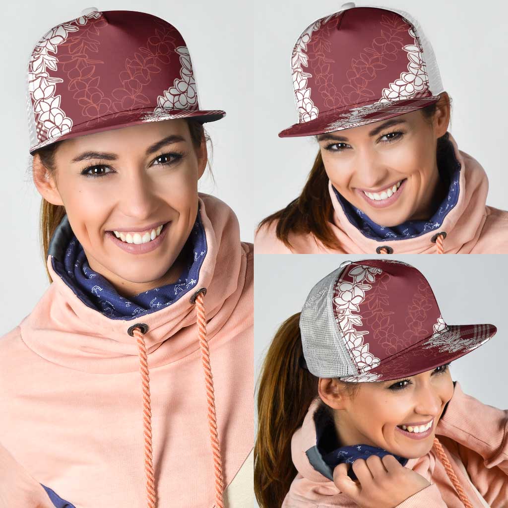 Hawaii Aloha Plumeria Lei Scarlet Palaka Mesh Trucker Cap - Polynesian Pride