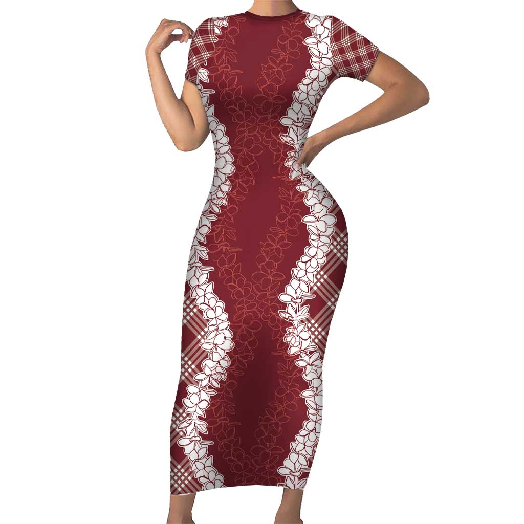 Hawaii Aloha Plumeria Lei Scarlet Palaka Short Sleeve Bodycon Dress LT7 Long Dress Scarlet - Polynesian Pride