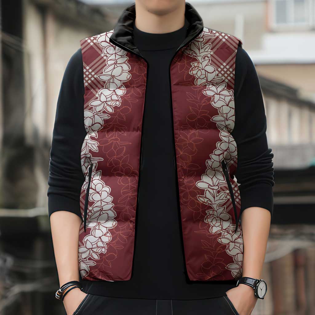 Hawaii Aloha Plumeria Lei Scarlet Palaka Sleeveless Puffer Jacket - Polynesian Pride