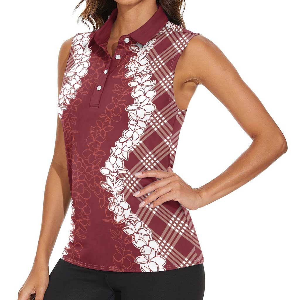 Hawaii Aloha Plumeria Lei Scarlet Palaka Women Sleeveless Polo Shirt - Polynesian Pride