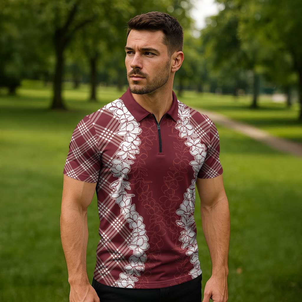 Hawaii Aloha Plumeria Lei Scarlet Palaka Zipper Polo Shirt - Polynesian Pride