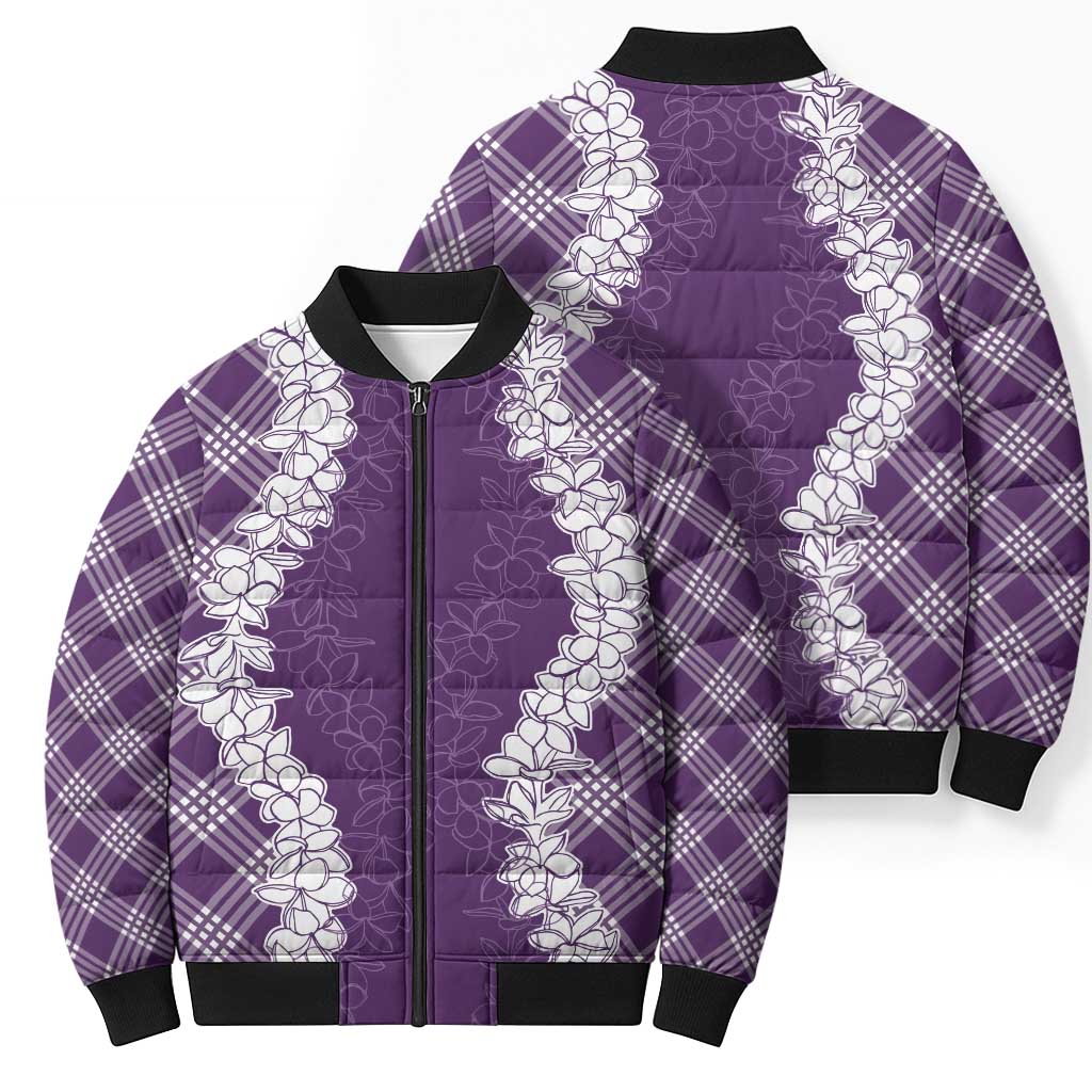 Hawaii Aloha Plumeria Lei Violet Palaka Bomber Puffer Jacket - Polynesian Pride
