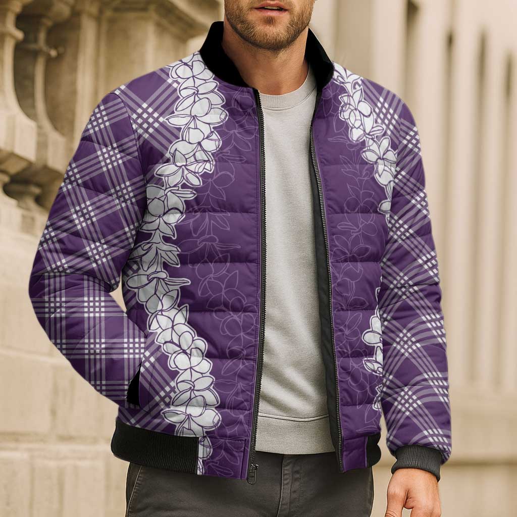 Hawaii Aloha Plumeria Lei Violet Palaka Bomber Puffer Jacket - Polynesian Pride