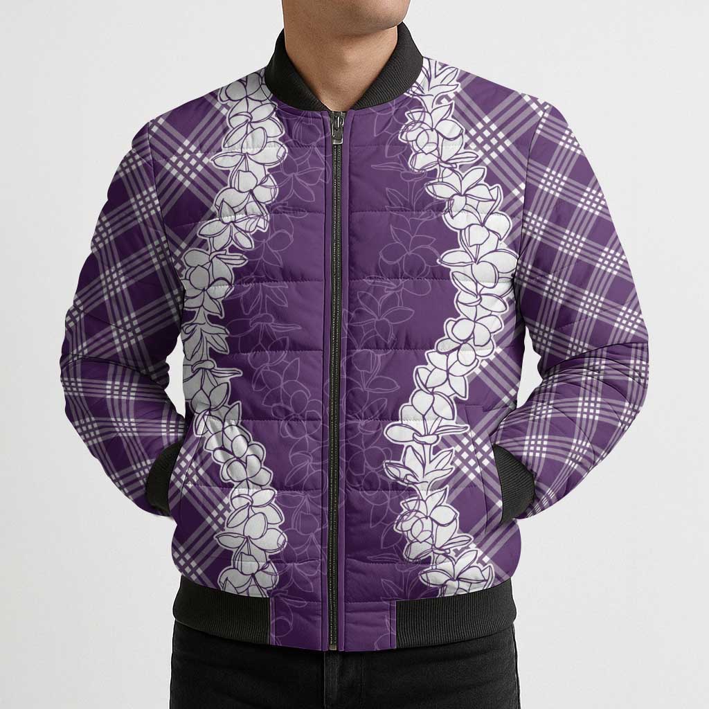 Hawaii Aloha Plumeria Lei Violet Palaka Bomber Puffer Jacket - Polynesian Pride