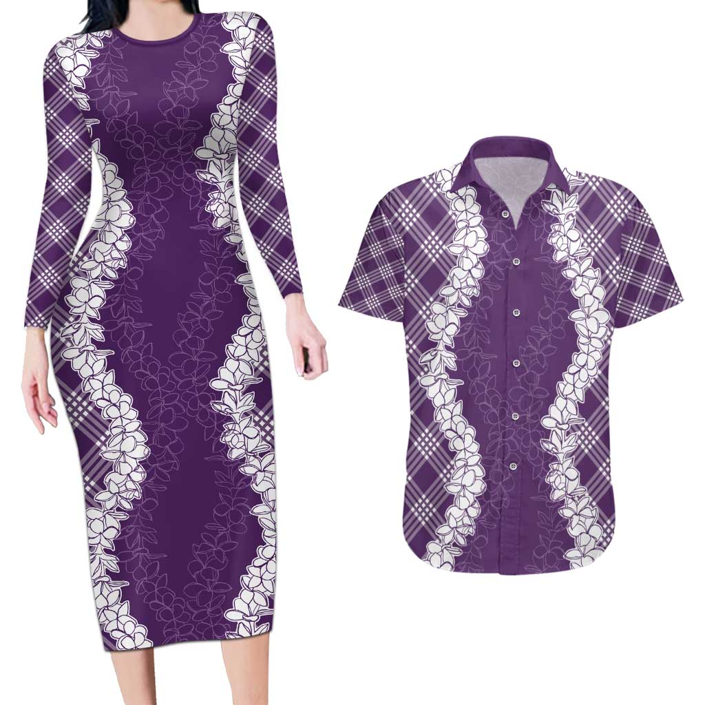 Hawaii Aloha Plumeria Lei Violet Palaka Couples Matching Long Sleeve Bodycon Dress and Hawaiian Shirt - Polynesian Pride