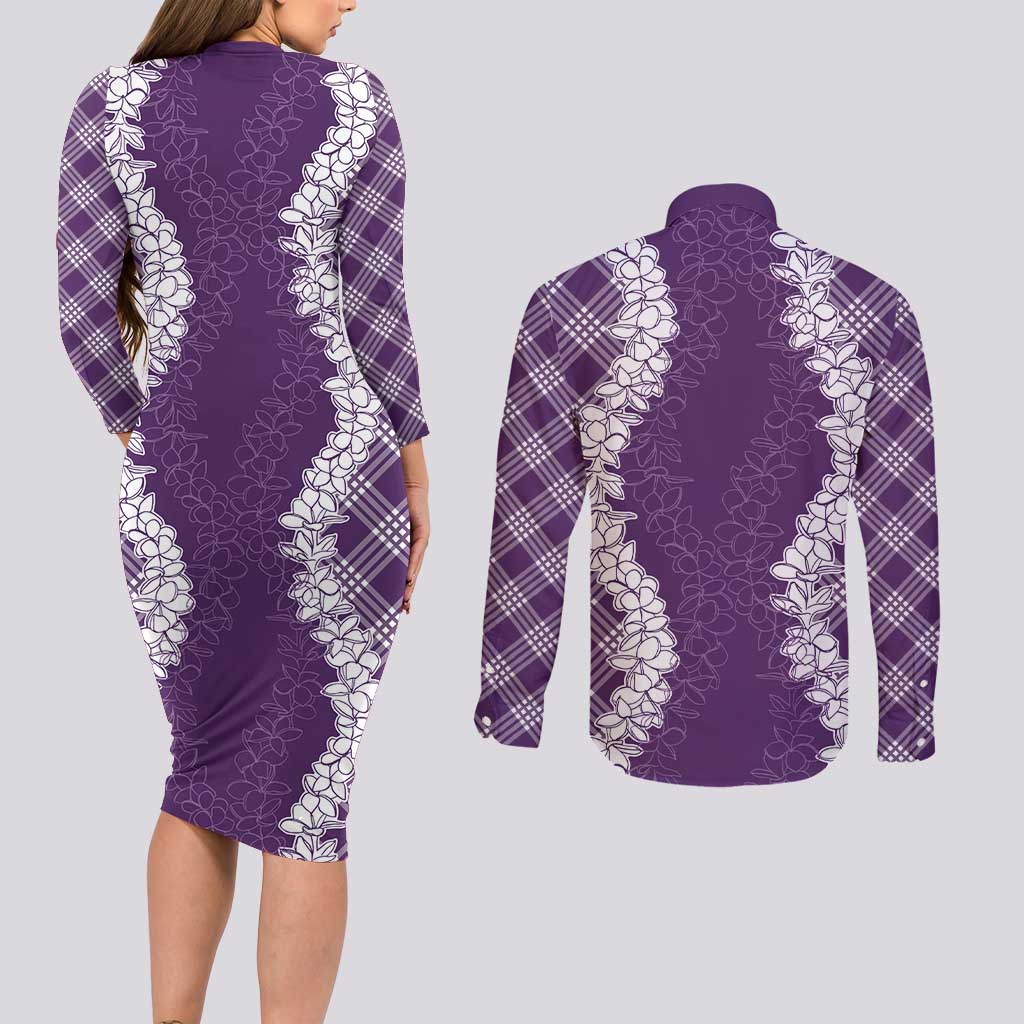 Hawaii Aloha Plumeria Lei Violet Palaka Couples Matching Long Sleeve Bodycon Dress and Long Sleeve Button Shirt - Polynesian Pride