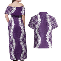 Hawaii Aloha Plumeria Lei Violet Palaka Couples Matching Off Shoulder Maxi Dress and Hawaiian Shirt - Polynesian Pride