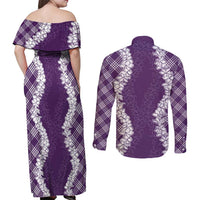 Hawaii Aloha Plumeria Lei Violet Palaka Couples Matching Off Shoulder Maxi Dress and Long Sleeve Button Shirt - Polynesian Pride