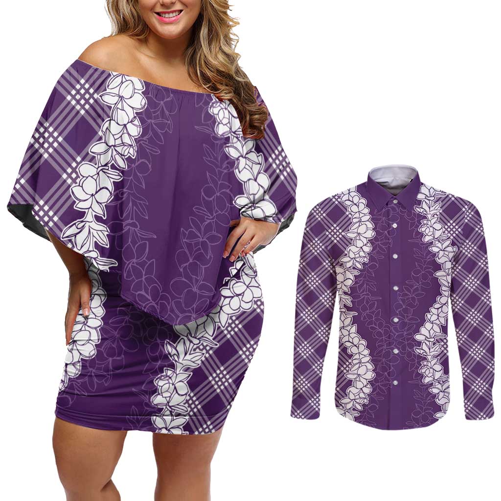 Hawaii Aloha Plumeria Lei Violet Palaka Couples Matching Off Shoulder Short Dress and Long Sleeve Button Shirt - Polynesian Pride