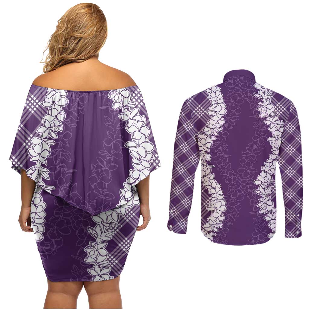 Hawaii Aloha Plumeria Lei Violet Palaka Couples Matching Off Shoulder Short Dress and Long Sleeve Button Shirt - Polynesian Pride