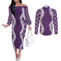 Hawaii Aloha Plumeria Lei Violet Palaka Couples Matching Off The Shoulder Long Sleeve Dress and Long Sleeve Button Shirt - Polynesian Pride