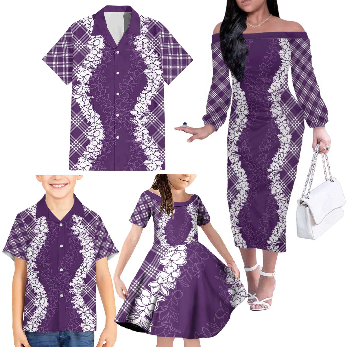 Hawaii Aloha Plumeria Lei Violet Palaka Family Matching Off The Shoulder Long Sleeve Dress and Hawaiian Shirt - Polynesian Pride