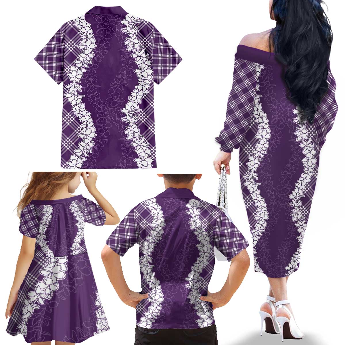Hawaii Aloha Plumeria Lei Violet Palaka Family Matching Off The Shoulder Long Sleeve Dress and Hawaiian Shirt - Polynesian Pride