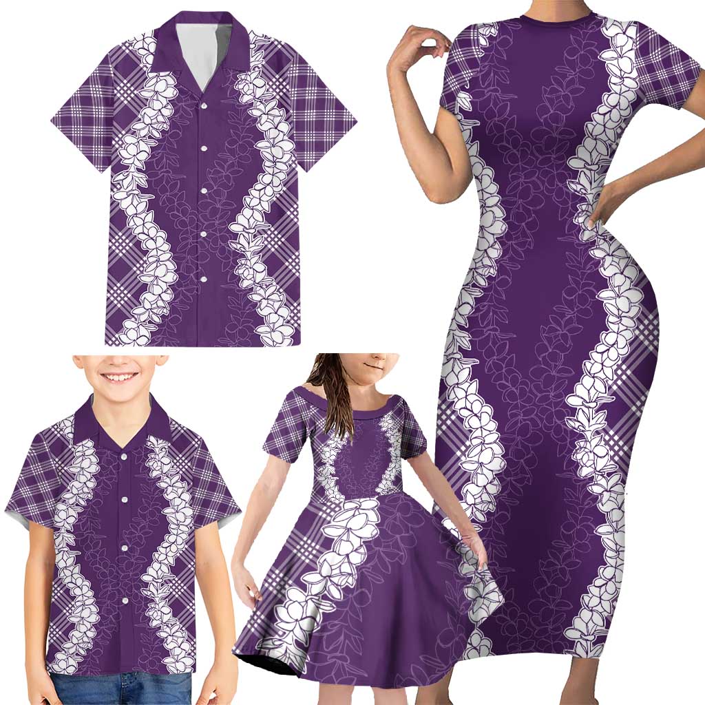 Hawaii Aloha Plumeria Lei Violet Palaka Family Matching Short Sleeve Bodycon Dress and Hawaiian Shirt - Polynesian Pride