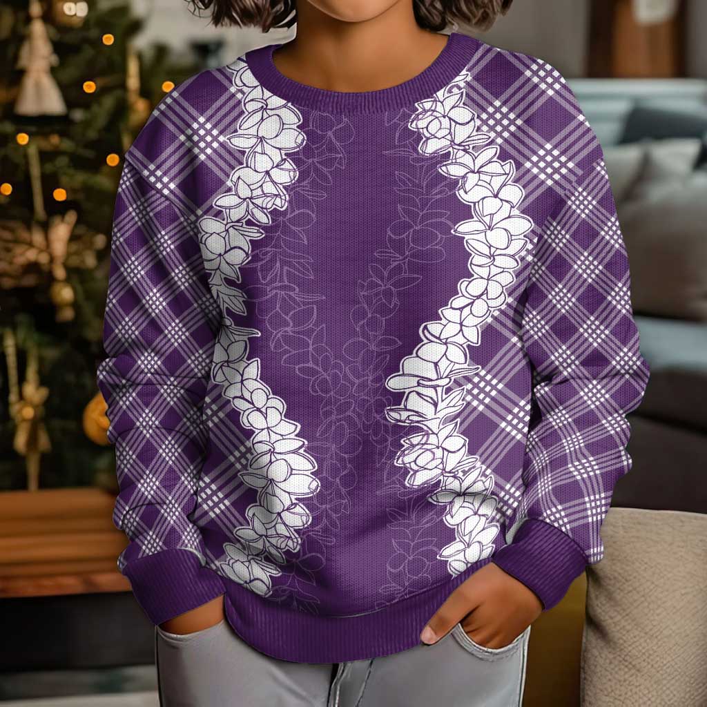Hawaii Aloha Plumeria Lei Violet Palaka Kid Ugly Christmas Sweater - Polynesian Pride