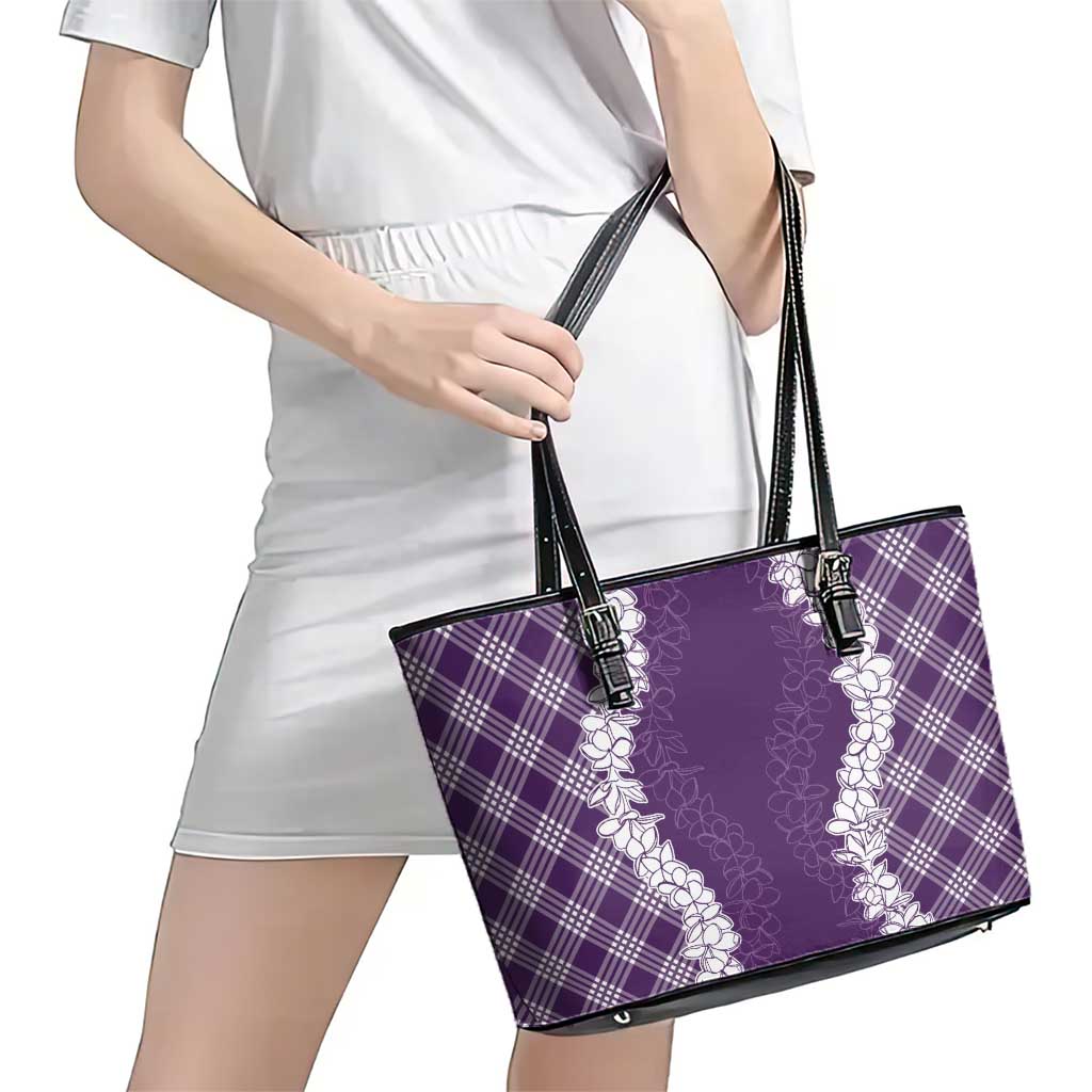 Hawaii Aloha Plumeria Lei Violet Palaka Leather Tote Bag - Polynesian Pride