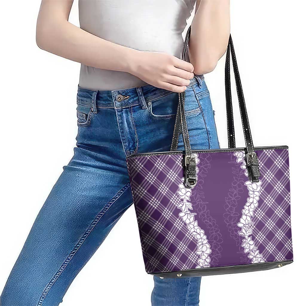 Hawaii Aloha Plumeria Lei Violet Palaka Leather Tote Bag - Polynesian Pride