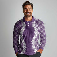 Hawaii Aloha Plumeria Lei Violet Palaka Long Sleeve Polo Shirt - Polynesian Pride
