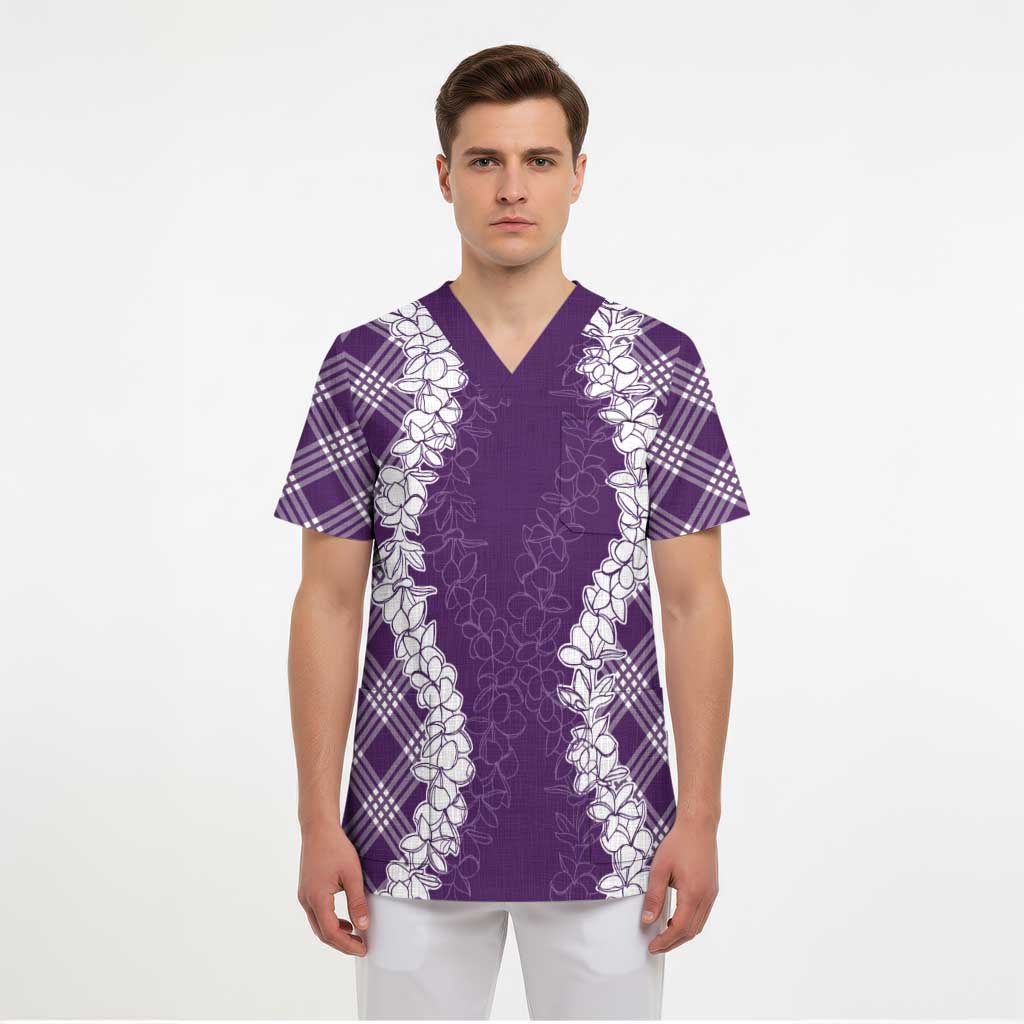 Hawaii Aloha Plumeria Lei Violet Palaka Scrub Top - Polynesian Pride
