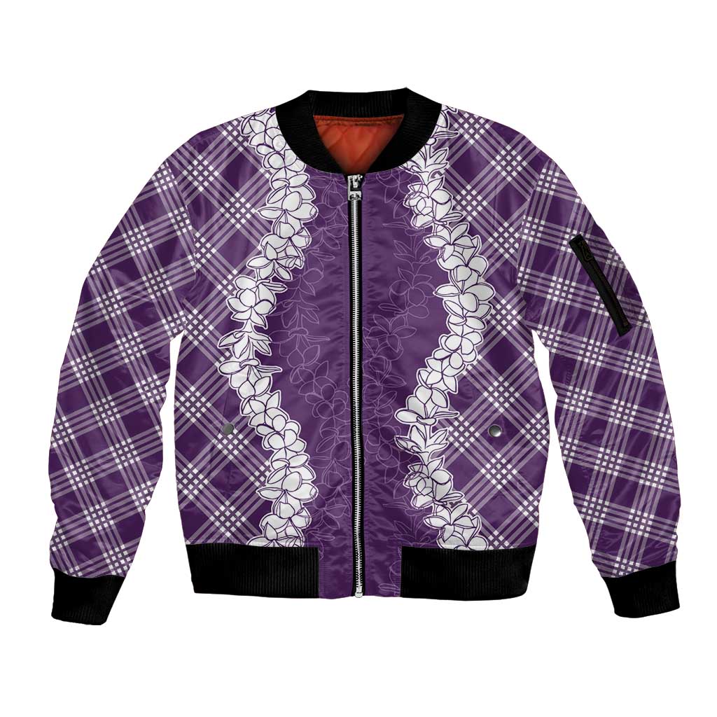 Hawaii Aloha Plumeria Lei Violet Palaka Sleeve Zip Bomber Jacket LT7 Unisex Violet - Polynesian Pride