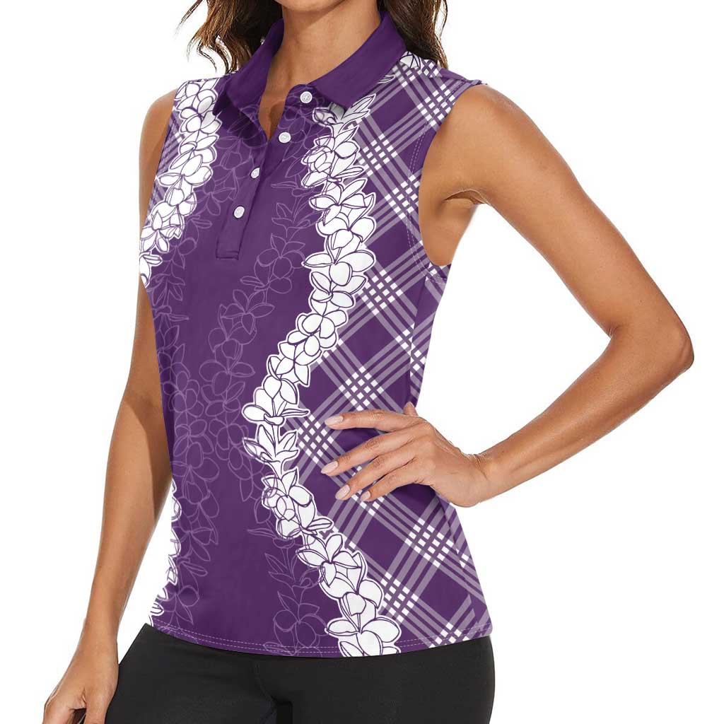 Hawaii Aloha Plumeria Lei Violet Palaka Women Sleeveless Polo Shirt - Polynesian Pride