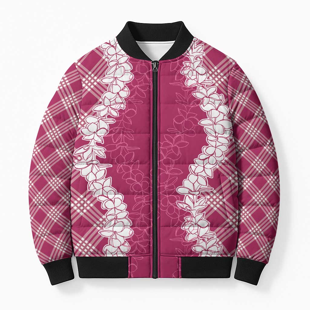 Hawaii Aloha Plumeria Lei Fuschia Palaka Bomber Puffer Jacket - Polynesian Pride