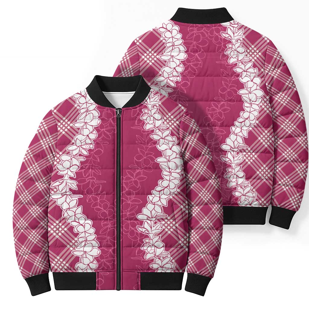Hawaii Aloha Plumeria Lei Fuschia Palaka Bomber Puffer Jacket - Polynesian Pride