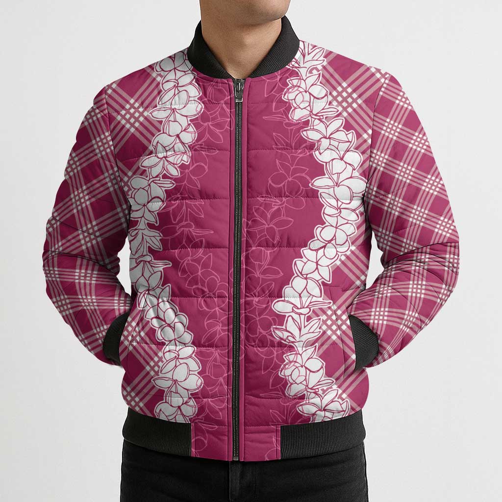 Hawaii Aloha Plumeria Lei Fuschia Palaka Bomber Puffer Jacket - Polynesian Pride
