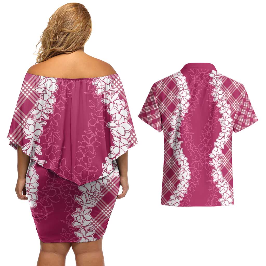 Hawaii Aloha Plumeria Lei Fuschia Palaka Couples Matching Off Shoulder Short Dress and Hawaiian Shirt - Polynesian Pride