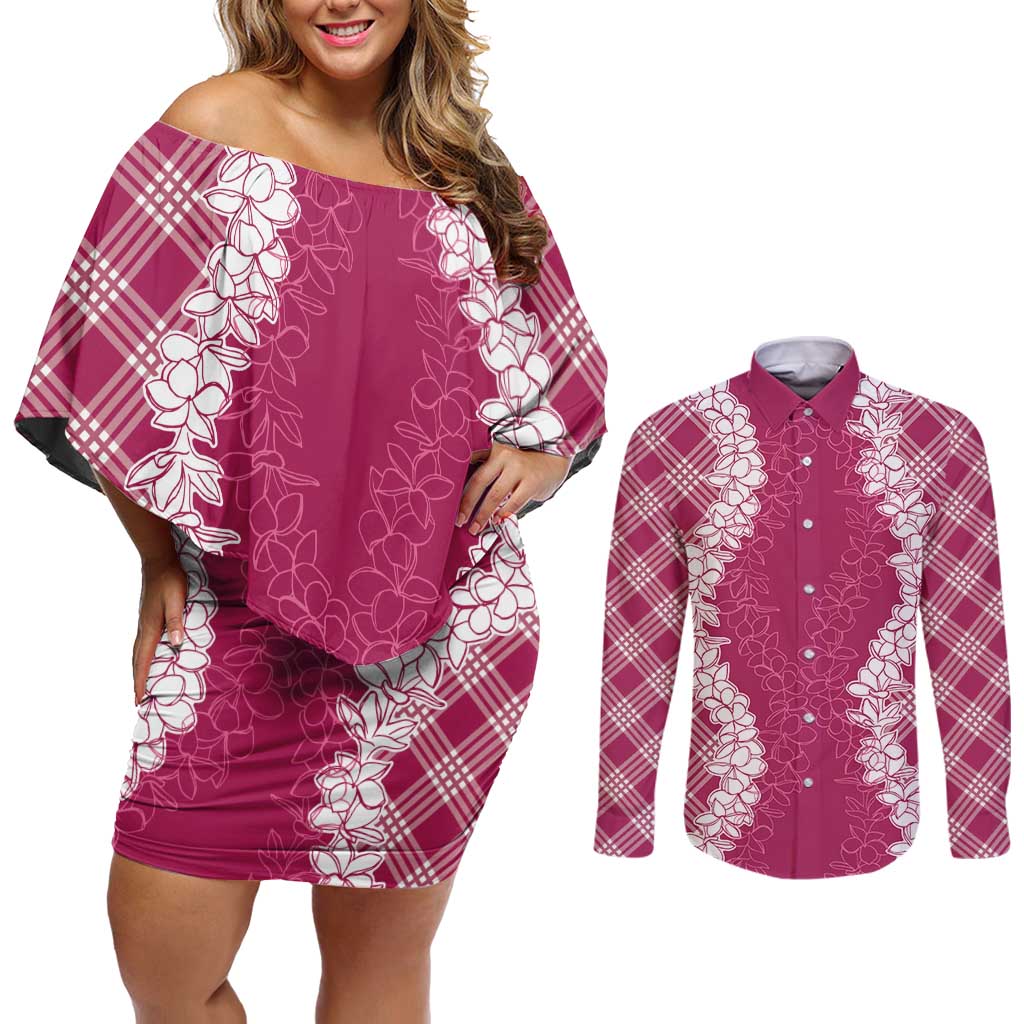 Hawaii Aloha Plumeria Lei Fuschia Palaka Couples Matching Off Shoulder Short Dress and Long Sleeve Button Shirt - Polynesian Pride