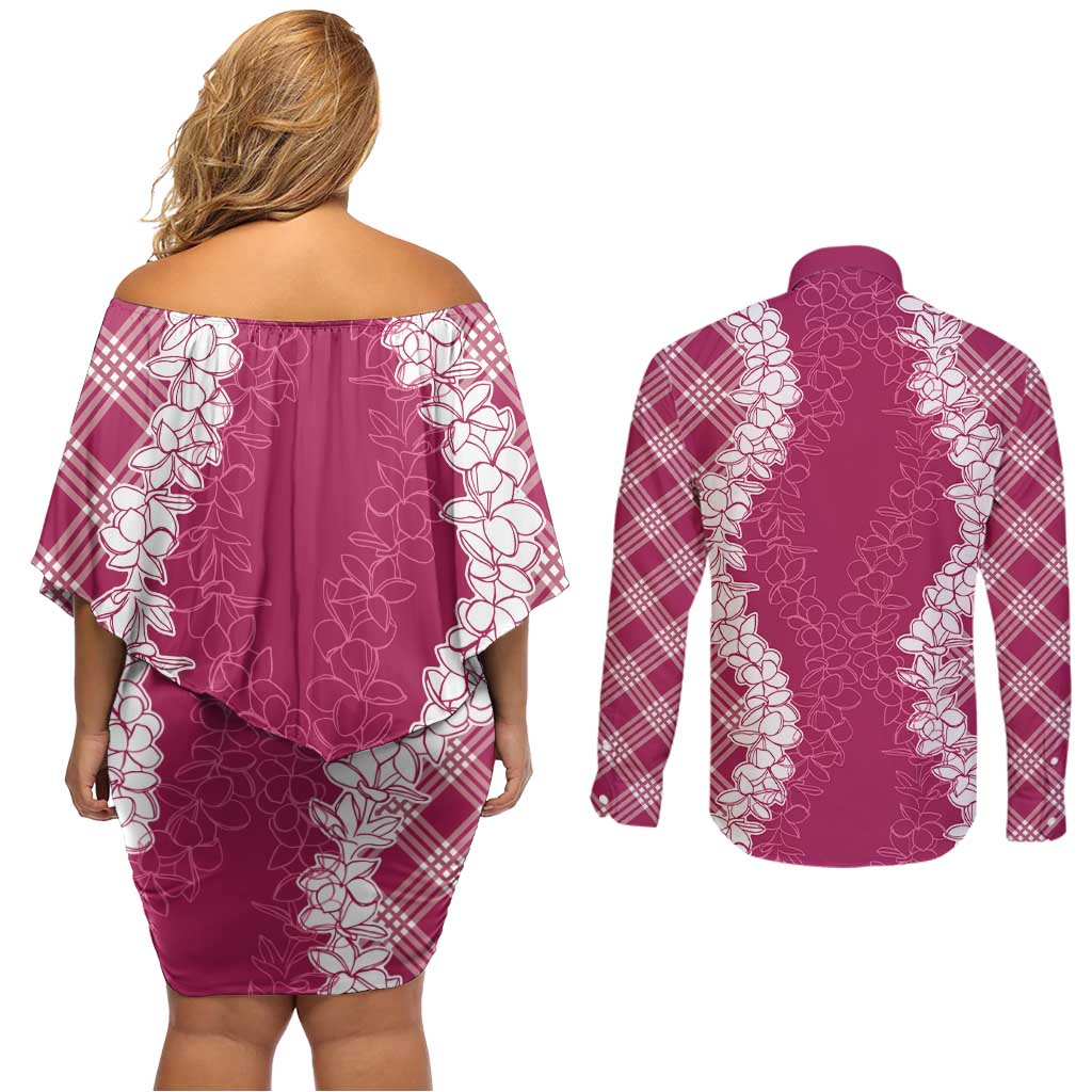 Hawaii Aloha Plumeria Lei Fuschia Palaka Couples Matching Off Shoulder Short Dress and Long Sleeve Button Shirt - Polynesian Pride