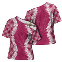 Hawaii Aloha Plumeria Lei Fuschia Palaka Cross Shoulder Shirt - Polynesian Pride