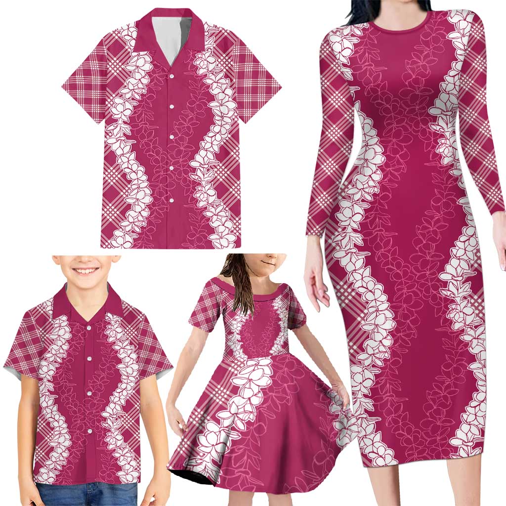 Hawaii Aloha Plumeria Lei Fuschia Palaka Family Matching Long Sleeve Bodycon Dress and Hawaiian Shirt - Polynesian Pride