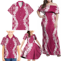 Hawaii Aloha Plumeria Lei Fuschia Palaka Family Matching Off Shoulder Maxi Dress and Hawaiian Shirt - Polynesian Pride