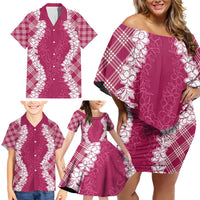Hawaii Aloha Plumeria Lei Fuschia Palaka Family Matching Off Shoulder Short Dress and Hawaiian Shirt - Polynesian Pride
