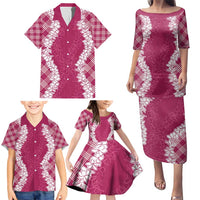 Hawaii Aloha Plumeria Lei Fuschia Palaka Family Matching Puletasi and Hawaiian Shirt - Polynesian Pride