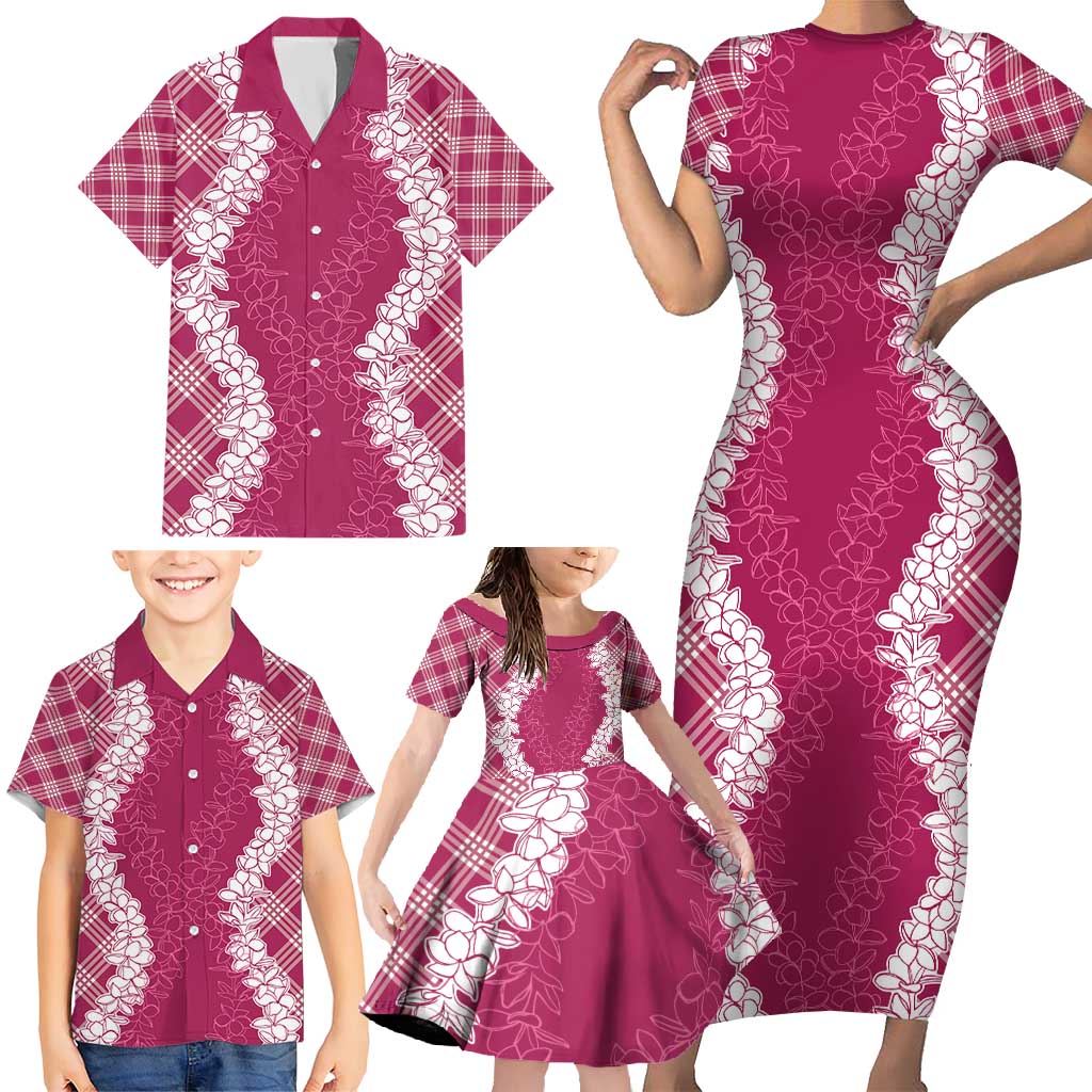 Hawaii Aloha Plumeria Lei Fuschia Palaka Family Matching Short Sleeve Bodycon Dress and Hawaiian Shirt - Polynesian Pride