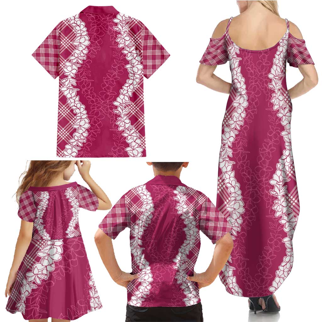 Hawaii Aloha Plumeria Lei Fuschia Palaka Family Matching Summer Maxi Dress and Hawaiian Shirt - Polynesian Pride