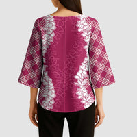 Hawaii Aloha Plumeria Lei Fuschia Palaka Kimono Sleeve Blouse - Polynesian Pride