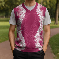 Hawaii Aloha Plumeria Lei Fuschia Palaka Christmas Knitted V-Neck Vest - Polynesian Pride