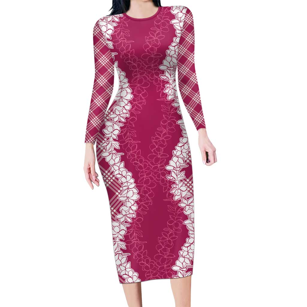Hawaii Aloha Plumeria Lei Fuschia Palaka Long Sleeve Bodycon Dress LT7 Long Dress Fuschia - Polynesian Pride