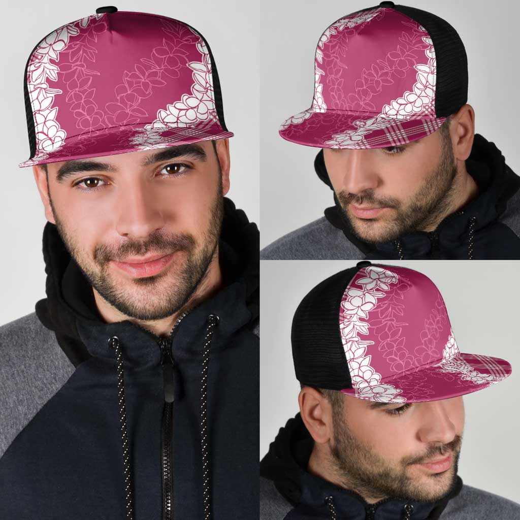 Hawaii Aloha Plumeria Lei Fuschia Palaka Mesh Trucker Cap - Polynesian Pride