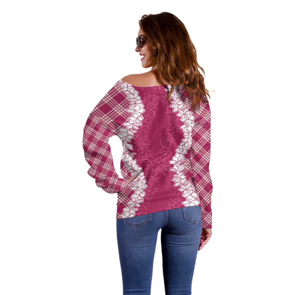 Hawaii Aloha Plumeria Lei Fuschia Palaka Off Shoulder Sweater - Polynesian Pride