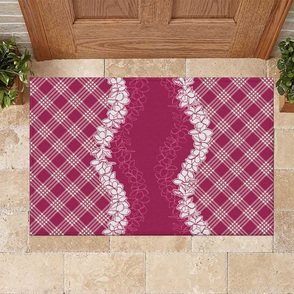 Hawaii Aloha Plumeria Lei Fuschia Palaka Rubber Doormat - Polynesian Pride