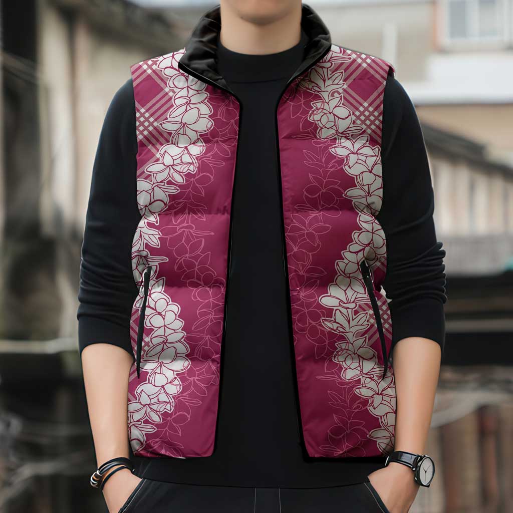 Hawaii Aloha Plumeria Lei Fuschia Palaka Sleeveless Puffer Jacket - Polynesian Pride