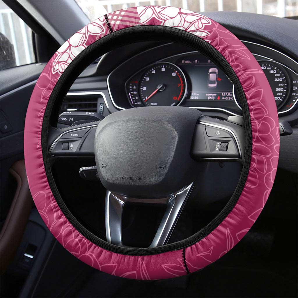 Hawaii Aloha Plumeria Lei Fuschia Palaka Steering Wheel Cover - Polynesian Pride
